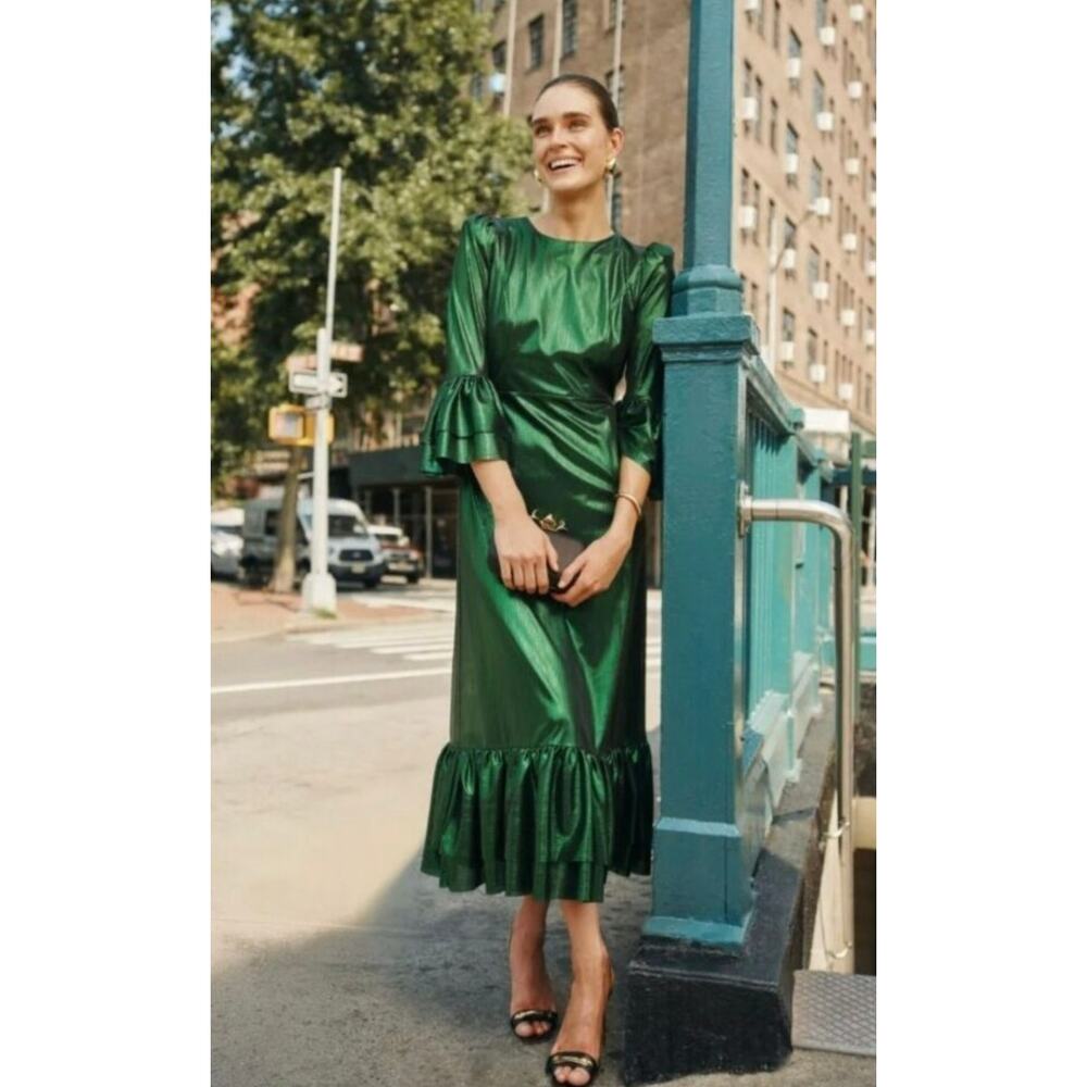 TUCKERNUCK Pomander Place Emerald Crinkle Lurex Lillith Dress NWT Size Medium - Picture 2 of 9